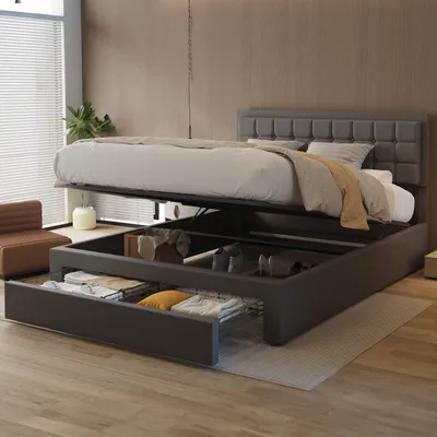 Produktbild von OYAJIA Doppelbett Polsterbett 140x200cm, Luftdruck anhebbarer Stauraumbett mit Lattenrost und verstellbares gepolstertes Kopfteil Modernes Jugendbett