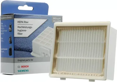A box containing a HEPA filter for vacuum cleaners, with the filter also shown separately.