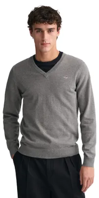 Produktbild von Gant Pullover V-Ausschnitt einfarbig grau Baumwolle normale Passform
