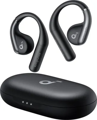 A pair of black wireless earbuds with a charging case.