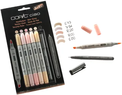 Zdjęcie produktu dla Copic Ciao 5+1 Set Portait Colours 1, 6 szt., Wielobarwny, Dłuto/końcówka pędzla, Okrągły, Tusz na bazie alkoholu, Dorosły/Dziecko