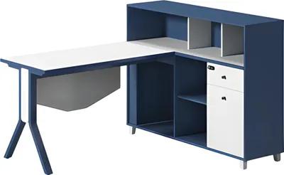 Image de Bureau bleu et blanc avec étagères de rangement ouvertes et pieds élégants