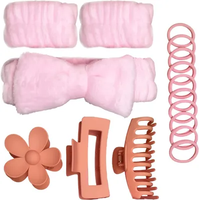 Produktbild von Spa Stirnband und Armbänder Set, 16 Stück, rosa, mit Haarklammern und Haargummis, für Skincare