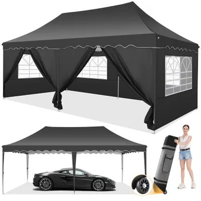 A collage showing a black pop-up canopy tent in two configurations: fully set up with windows and doors, and set up over a car. A woman is also shown with a wheeled carrying bag for the tent.