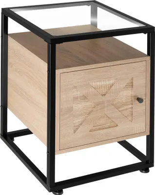 A product shot of a wooden nightstand with a glass top and a black metal frame.