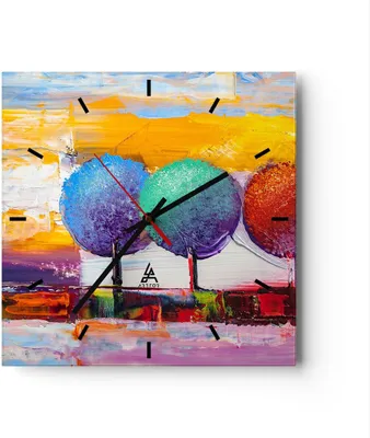Produktbild von Wanduhr - Quadrat - Glasuhr - Bäume Wiese Sommer - 30x30cm - Schleichendes Uhrwerk - Lautlos - zum Aufhängen bereit - Dekoration Modern - Wanddekoration aus Glas - C3AC30x30-4110