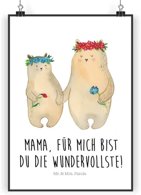 Produktbild von Mr. & Mrs. Panda Bild Bären mit Blumenkranz DIN A4 - Weiß - Geschenk, Kunstdruck, Muttertag, Plakat, Vorbild, Mutter, Wandbild, wanddeko, poster, Familie, Mama, Family