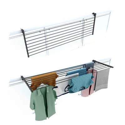 Two views of a foldable drying rack mounted on a railing, with the bottom view showing clothes hanging on it.