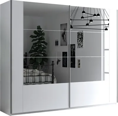 Produktbild von Furniture24 Kleiderschrank Santiago 250 Schlafzimmer 2 Türiger Schwebetürenschrank Schrank mit Schiebetür 3 Kleiderstangen 5 Einlegeboden und 2 Schubladen Weiß mit Spiegel
