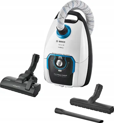 A Bosch Prosilence vacuum cleaner and its accessories are displayed against a white background.