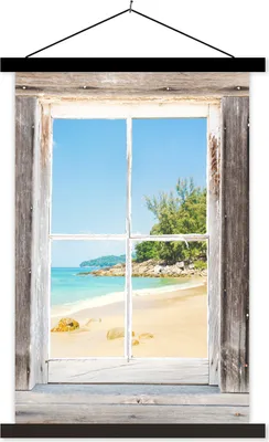 Produktbild von MuchoWow® Textilposter Durchblick - Strand - Holz 40x60 cm mit schwarzem Rahmen - Wanddekorationen