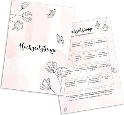 Produktbild von Hochzeitsbingo Karten mit je 16 Aufgaben - Lustiges Hochzeitsspiel für Gäste zum Kennenlernen (Schmetterling, 50x Stück)