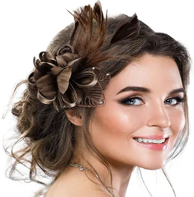 Produktbild von Damen Elegant Fascinator Haar Clip Accessoire Mesh Bänder Federn Hochzeitskirche Kopfbedeckung, Braun