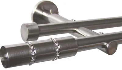 Produktbild von Gardinenstange Set Edelstahl Look Metall Ø 16mm zur Wandbefestigung 2-lauf Modern mit Kristall, Länge wählbar H22 E26 E16