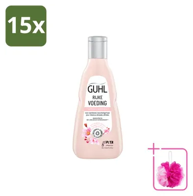 Immagine prodotto di 15 flaconi di shampoo Guhl Rijke Voeding per capelli secchi, 250 ml ciascuno, confezione risparmio, 15 pezzi