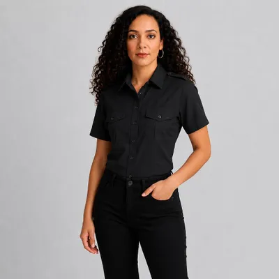 Produktbild von Damen Pilotenbluse halbarm schwarz, Größe 32 : 32 : schwarz : 60% Baumwolle 40% Polyester