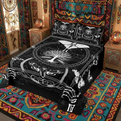 Bettdecken-Set, 220x240 cm, Totenkopf-Motiv, Polyester, 3-teilig