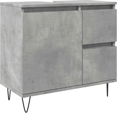 A concrete-effect bathroom vanity cabinet with hairpin legs.