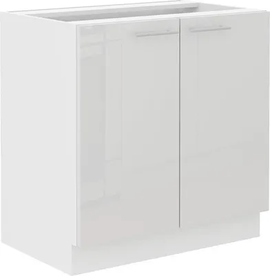A white cabinet with two doors and silver handles.