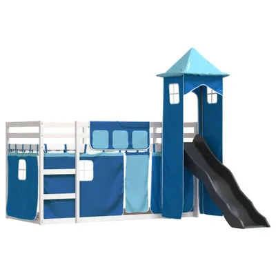 Image de vidaXL Lit superposé avec toboggan et rideaux bleu 90x200 cm