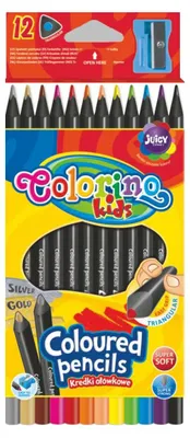 Produktbild von Colorino Dreikant-Buntstifte aus schwarzem Holz mit Anspitzer – 12 Farben
