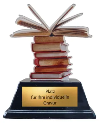 Produktbild von 10 cm Bücher Pokal mit Wunschgravur - Acryl Trophäe für Lesewettbewerbe