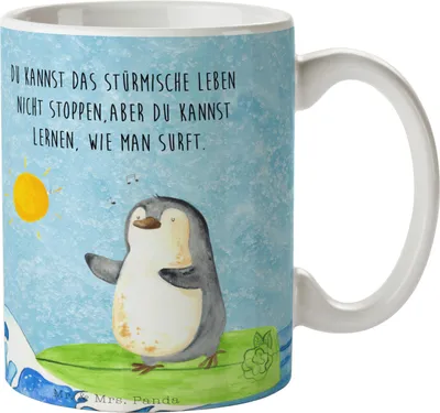 Produktbild von Mr. & Mrs. Panda Tasse Pinguin Surfer - Eisblau - Geschenk, Urlaub, Trinkbecher, Motiviert, Optimistisch, Becher, Kaffeebecher, Portugal, Teetasse, Kaffeetasse, Hawaii