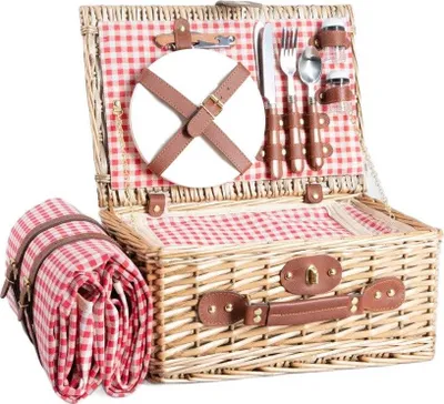 Produktbild von HOMLA LORENZO Picknickkorb mit Matte für 2 Personen in rot kariert 38x26x18 cm