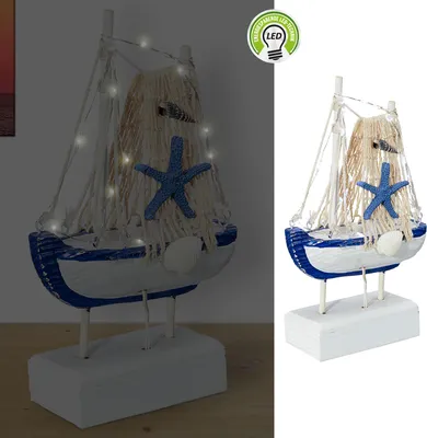 Produktbild von LED Dekoboot H22cm Fischerboot Schiff Boot Fischernetz Seestern Holzoptik An-/Ausschalter 12LEDs warmweiß