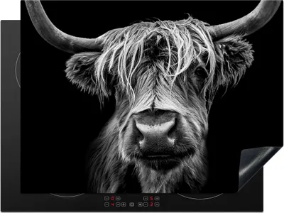Produktbild von KitchenYeah© Herdabdeckplatte Schottischer Highlander - Hörner - Schwarz - Weiß - Kuh - Wild - Tiere , 71x52cm, Küche Deko, Glaskeramikkochfeld Herdabdeckung, Abdeckplatte fùr Kochfeld