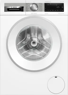 A front view of a white Bosch washing machine.