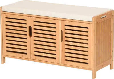 Image de Meuble à chaussures en bambou avec banc Banc à chaussures avec 3 compartiments Coussin pour s'asseoir Meuble à chaussures Meuble de rangement pour couloir Espace d'entrée 50x90x35cm Beige