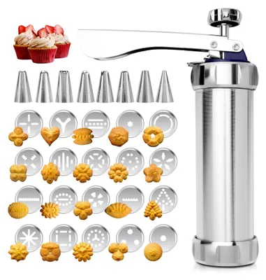 Produktbild von Gebäckpresse für Spritzgebäck Edelstahl Spritzgebäck Presse Teigspritze Kekspresse mit 20 Schablonen, 8 Edelstahl Tüllen, Plätzchenpresse Maschine Gebäckpresse für DIY Kuchen Dessert