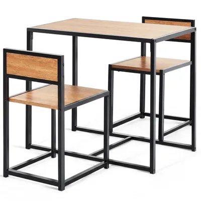 Image de COSTWAY 3 pcs. Bar de cuisine Table haute avec 2 chaises de bar avec structure métallique Table de cuisine Ensemble de tables de bar pour petits espaces Cuisine Salle à manger & Bistro Bois naturel