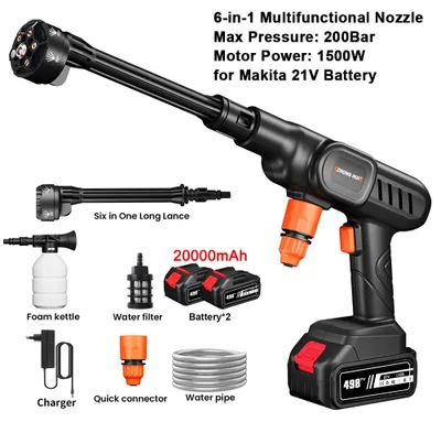 Obrázok produktu pre Bezdrôtový vysokotlakový čistič - Elektrická striekacia pištoľ 3500W, 200 bar - 21V batéria - Prenosný čistič na autá - EÚ zástrčka - Súprava s 2 batériami