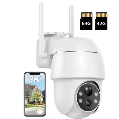 Image de caméra de surveillance extérieure 2K 355°/90° orientable Caméra extérieure batterie Vision couleur nocturne Détection de personnes/mouvements Caméra IP sans fil WLAN avec 32G & 64G
