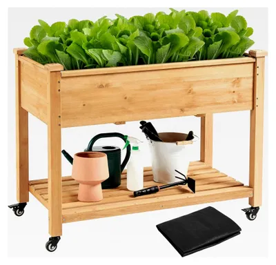 Produktbild von Hochbeet mit Rollen und Ablagefläche, Pflanzkasten aus Holz für Garten, Balkon und Terrasse, 105,5 x 56,5 x 83,5 cm