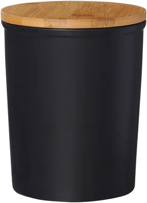 A black storage jar with a wooden lid.