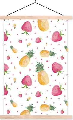 Produktbild von MuchoWow® Textilposter Ananas - Erdbeeren - Aquarell 60x90 cm mit holzfarbenen Rahmen - Textil
