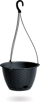 A black hanging planter pot with a woven texture, suspended by a hook and strings against a white background.