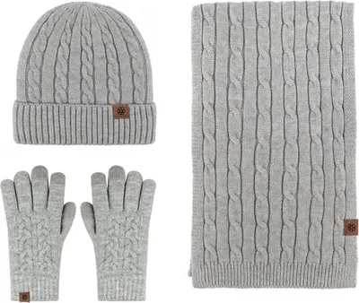 Produktbild von (Hellgrau) Winterwarme Sets Strickschal Strickschal Mütze Handschuhe