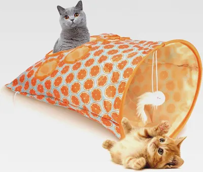 Produktbild von Katzenspielzeug Katzentunnel Katzentunnel-Papiertüte mit Plüschball Tunnel für Katzen mit 5 Löcher, Knittertunneltasche für Katzen, Interaktive Katze Bohrer Tasche Spielzeug (Orange)
