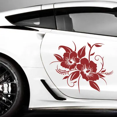 Produktbild von Aufkleber - 2er Set Autoaufkleber "Hibiskusblüten" je 60cm x 72cm dunkelrot - Tuning Carystyling Heckscheibe Auto