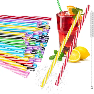 Produktbild von Wiederverwendbare Trinkhalme – Set mit 60 Stück – Plastikstrohhalme mit Reinigungsbürste – Verdickte Plastikstrohhalme – Ideal für Smoothies, Säfte und Cocktails