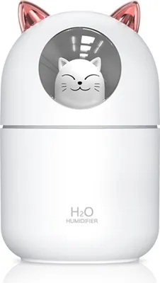 Produktbild von USB-Luftbefeuchter mit Kaltvernebelung, einstellbarem Vernebelungsgrad, 300-ml-Wassertank für bis zu 8 Stunden Laufzeit, 7-farbige LED-Beleuchtung, automatische Abschaltung bei Wassermangel, geeignet für Schlafzimmer, Zuhause, Büro (auch für Katzen geeignet),White