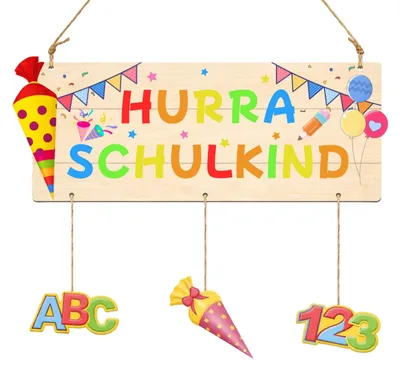 Holz-Türschild „Hurra Schulkind“ – Dekoration für den ersten Schultag