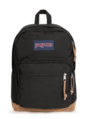 A black Jansport backpack with a brown bottom.