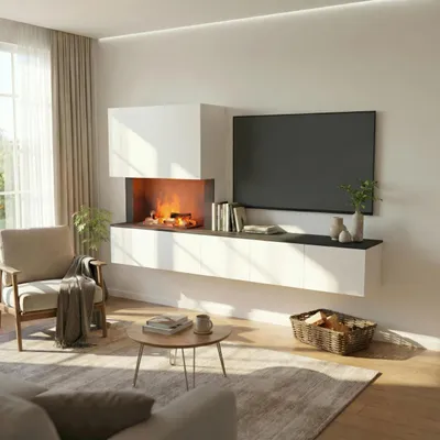 Produktbild von Glow Fire Wochnwand mit Wasserdampfkamin +Deluxeholz 'CW5' | Wandkamin in Weiss/ Schwarz mit Knistereffekt | HxBxT: 250x139x42 cm