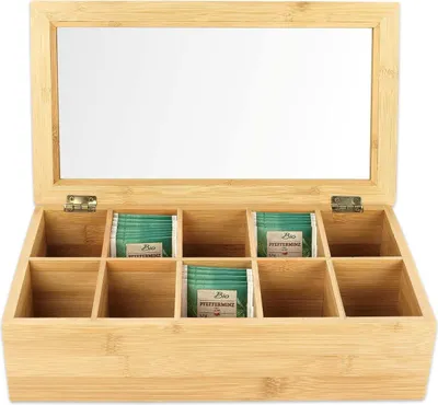 Obrázek produktu pro Bambusová dóza na čaj s odklápěcím víkem - 10 přihrádek - 36x20x9 cm - Přírodní materiál