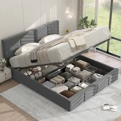Produktbild von Merax Hydraulická posteľ Boxspring 140x200 cm so zásuvkou na posteľ, čalúnená posteľ s výškovo nastaviteľným čelom a lamelovým rámom, zamatová manželská posteľ Funkčná posteľ